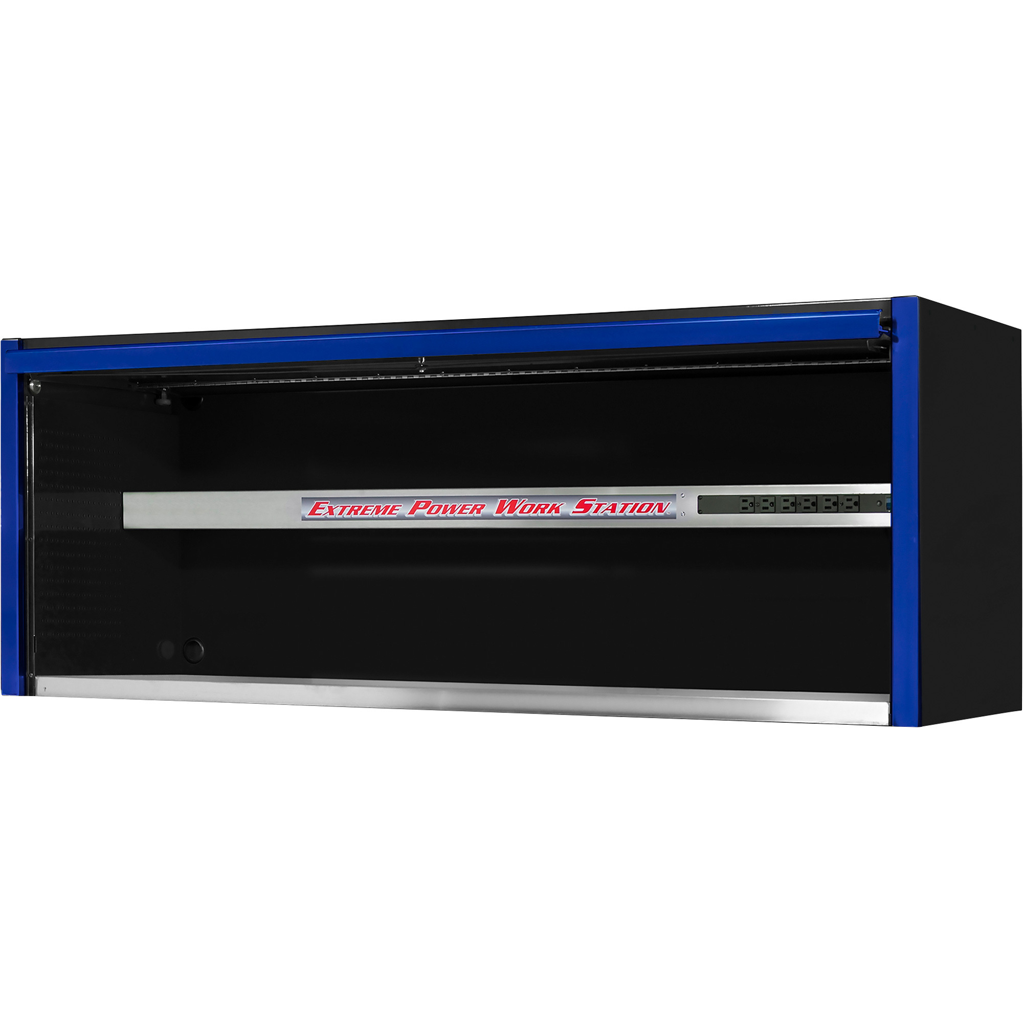 Extreme Tools Power Workstation Hutch - 72in.W x 30in.D, Stainless Steel Work Surface, Power Strip, Black/Blue, Model# EX7201HCQBKBL